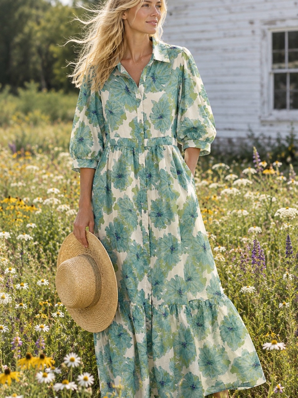 Button-Front Maxi Dress in Sage Floral